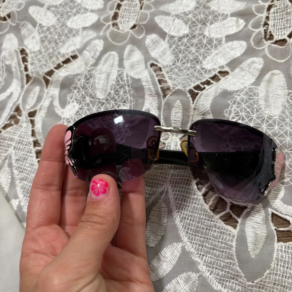 Vintage Y2K Rimless Butterfly Sunglasses Purple Gradient Lens Pink Enamel